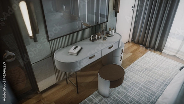 Fototapeta 3d rendering of the modern bedroom bedroom has curved wooden walls, a wooden floor, a double bed on a gray carpet, two bedside tables with books and plants, and a large window.