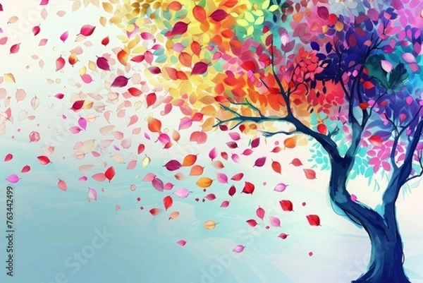 Fototapeta Colorful tree with leaves on hanging branches illustration background 3d abstraction wallpaper