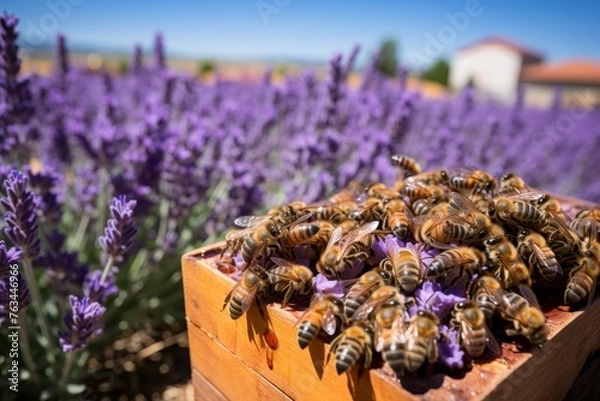 Obraz Detailed close up of bees hovering over blooming lavender flowers with soft focus background