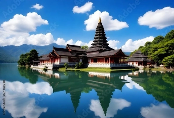 Fototapeta a temple with a lake and mountains in the background.