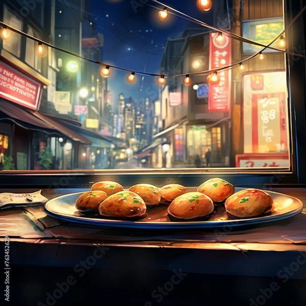 Fototapeta Savoring the crispy exterior and tender filling of a Takoyaki ball, abstract, tecnology