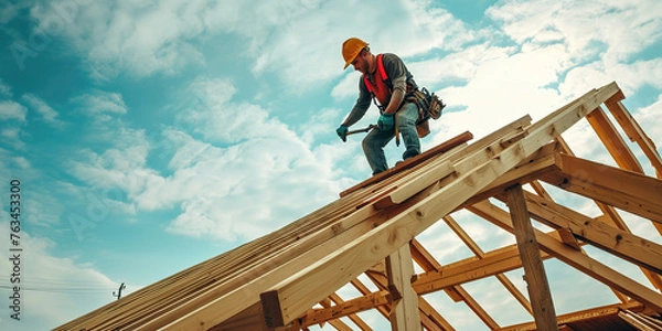 Obraz worker roofer builder working on roof structure