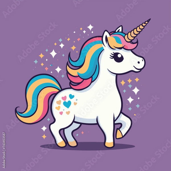 Fototapeta A whimsical cartoon unicorn with a rainbow mane and heart-shaped markings stands against a vibrant purple background, surrounded by sparkling stars.
