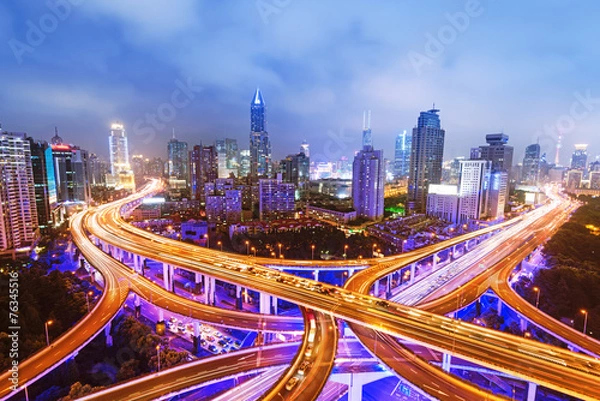 Obraz shanghai elevated road junction and interchange overpass at nigh