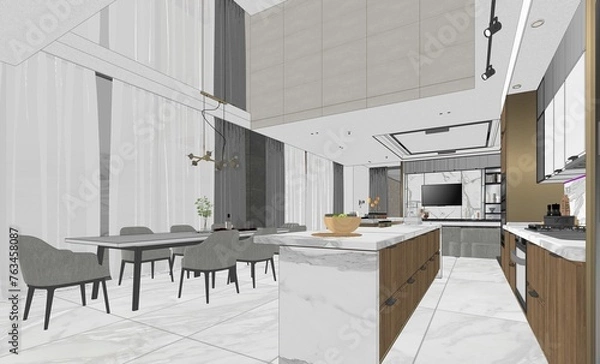 Fototapeta Interior living modern style, White and wooden modern kitchen with wooden island , with wooden details and panoramic window - 3D rendering, 3D illustration