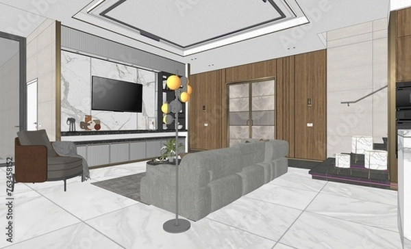 Fototapeta Interior living modern style, White and wooden modern kitchen with wooden island , with wooden details and panoramic window - 3D rendering, 3D illustration