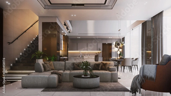 Fototapeta Interior living modern style, White and wooden modern kitchen with wooden island , with wooden details and panoramic window - 3D rendering, 3D illustration