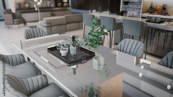 Fototapeta Interior living modern style, White and wooden modern kitchen with wooden island , with wooden details and panoramic window - 3D rendering, 3D illustration