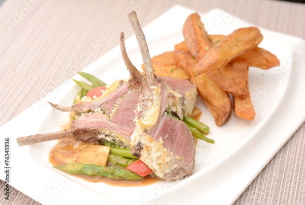 Obraz Grilled lamb chops with Potato wedges