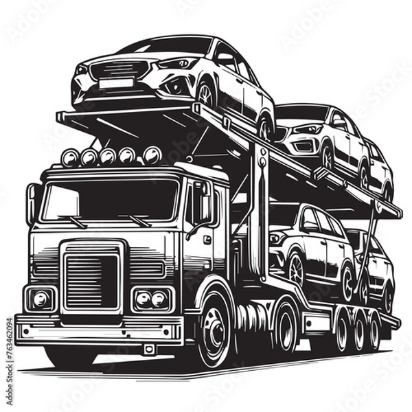 Fototapeta Car carrier trailer side view. Black and white illustration. Car hauler icon, Car Hauler Vectors: Various Poses of Trucks and Trailers Lifting Cars