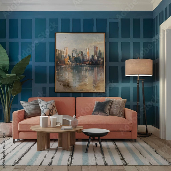 Fototapeta photo 3d rendering loft scandinavian living room with working table and bookshelf  Create designs that show how, thanks to virtual reality, 
people can fill up any space with pieces of furniture, 
pai