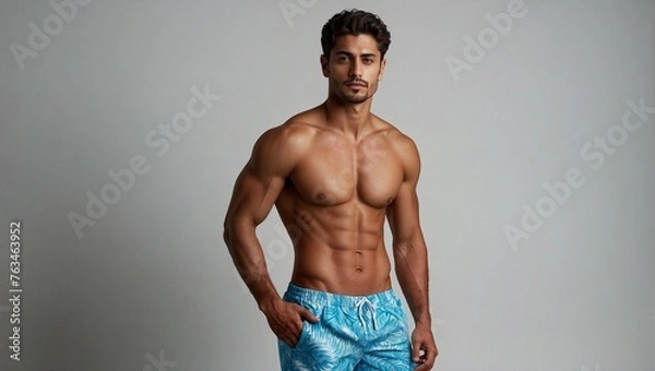 Fototapeta Model shot of pretty handsome man in his 20s wearing swim shorts on white background, copy space, space for text, product copy space