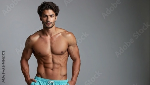 Fototapeta Model shot of pretty handsome man in his 20s wearing swim shorts on white background, copy space, space for text, product copy space