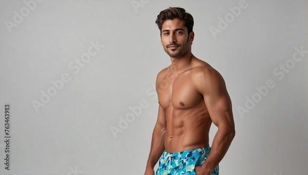 Fototapeta Model shot of pretty handsome man in his 20s wearing swim shorts on white background, copy space, space for text, product copy space