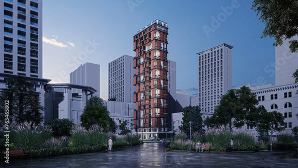 Fototapeta Stunning 3D Rendering of a Residential High Rise Building, Daytime, Modern skyscraper