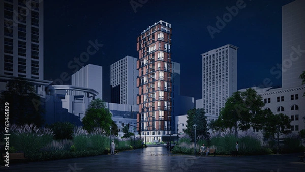 Fototapeta Stunning 3D Rendering of a Residential High Rise Building, Night time, Modern skyscraper