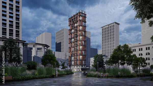 Fototapeta Stunning 3D Rendering of a Residential High Rise Building, Daytime, Modern skyscraper