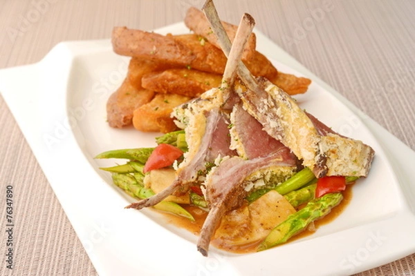 Obraz Grilled lamb chops with Potato wedges