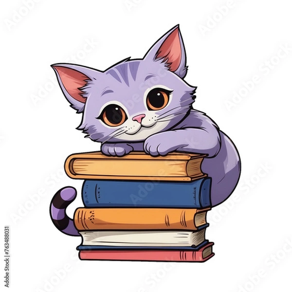 Fototapeta Smart Kitty Relaxing on Pile of Colorful Books, Cute Feline Illustration for Bookworms, Generative AI