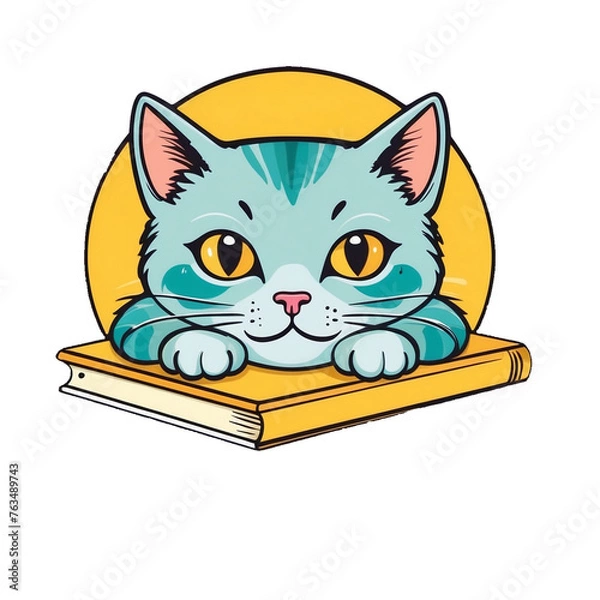 Fototapeta Smart Kitty Relaxing on Pile of Colorful Books, Cute Feline Illustration for Bookworms, Generative AI