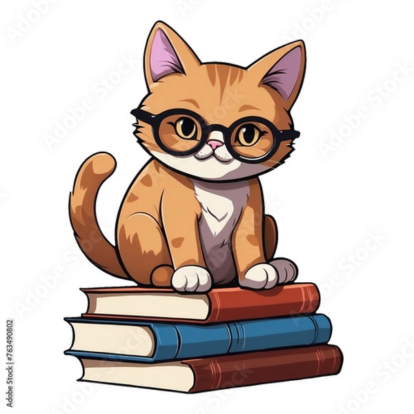 Fototapeta Smart Kitty Relaxing on Pile of Colorful Books, Cute Feline Illustration for Bookworms, Generative AI