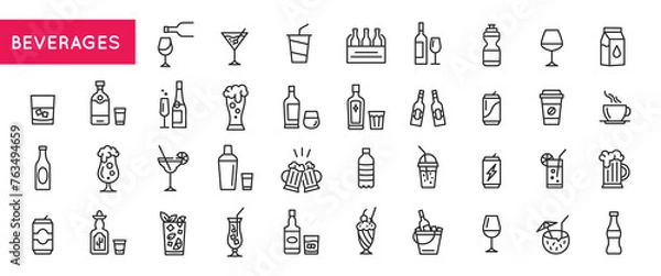 Fototapeta Black outline icons of beverages including water, alcohol, carbonated drinks, juice, milk, and others for use on websites, mobile apps, and promo materials. Vector illustration	