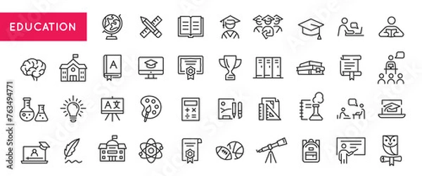 Fototapeta Outline icons of education, studying and science. Includes human brain, fields of study, graduation, school, university and knowledge. Designed for web, mobile, promo materials. Vector illustration.