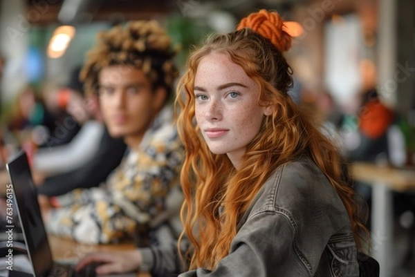 Fototapeta Confident redhead student with freckles working on her laptop in a vibrant cafe setting, portraying focus and determination