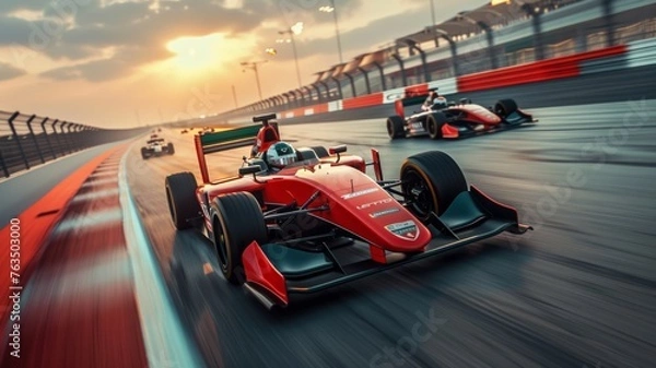 Obraz Motion blur, Race driver and race car racing on speed track, Car race on asphalt race track crossing finish line.