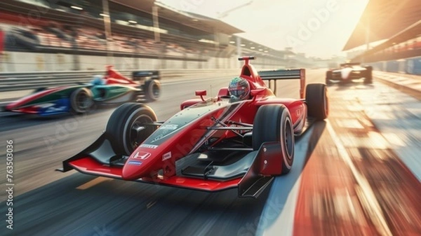 Obraz Motion blur, Race driver and race car racing on speed track, Car race on asphalt race track crossing finish line.