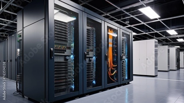 Fototapeta Depict a state of the art data center with rows of server racks, cooling systems, and redundant power supplies
