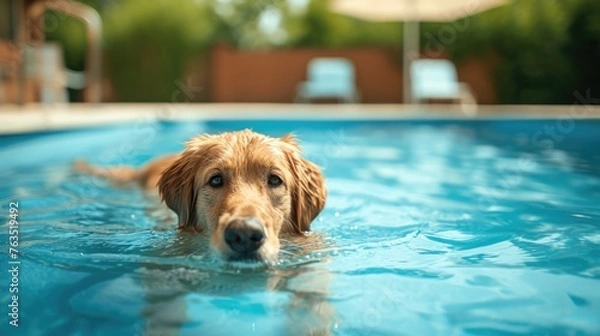 Fototapeta dog bathing in pool, happy summer bathing