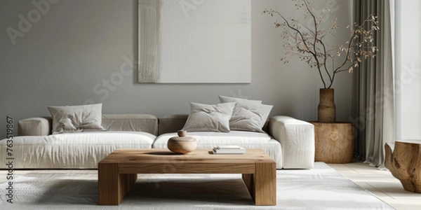 Obraz A minimalist modern living room with a wooden coffee table and a sleek white sofa