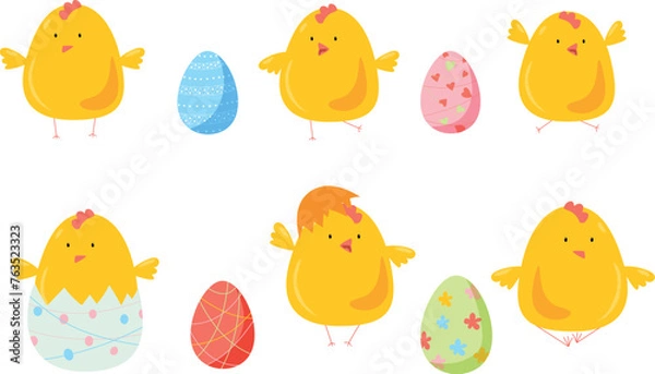 Obraz set of easter eggs and yellow chickens