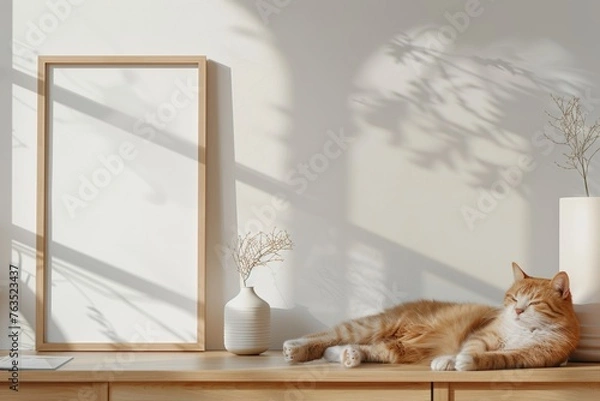 Obraz Frame or Poster mock up in living room and cat with window shadow on white wall background.

