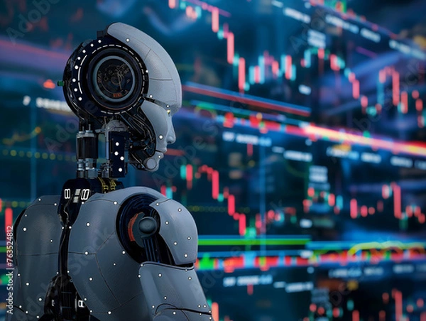 Obraz AI robot analyzing financial charts. Stock market illustration with an artificial intelligence focus.