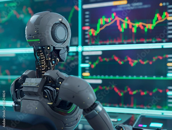 Obraz AI robot analyzing financial charts. Stock market illustration with an artificial intelligence focus.
