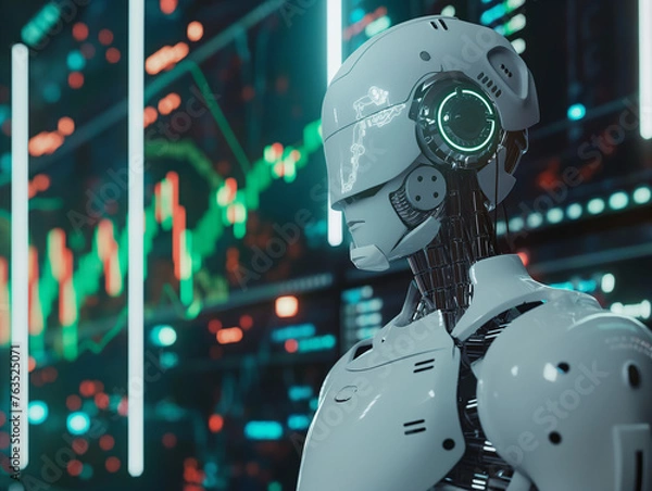 Fototapeta AI robot analyzing financial charts. Stock market illustration with an artificial intelligence focus.