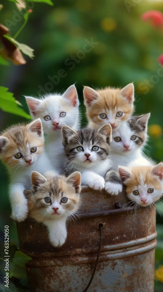 Fototapeta five cute baby cats in different colors playing with a jarn on a farm in summer
