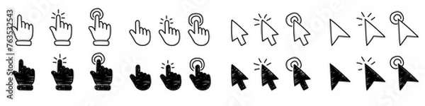 Obraz Doodle click set. Hand drawn line mouse cursor. Mouse cursor click. Tap here. Finger pointer. Sketch vector illustration