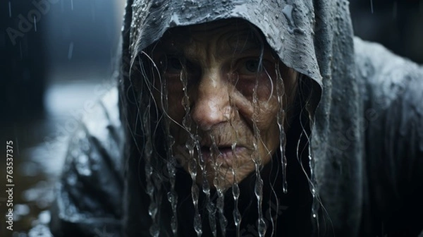 Obraz Man in Hooded Hood With Raindrops