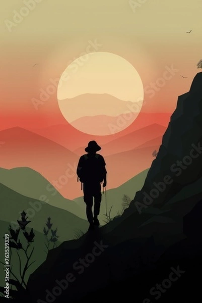Obraz A man is walking on a mountain with a sunset in the background