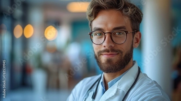 Fototapeta Confident Young Medical Professional Against Blue Backdrop Generative AI