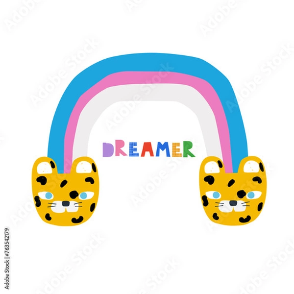 Fototapeta Funny colorful print with rainbow and leopards. Vector hand drawn illustration.