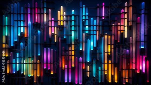 Fototapeta Vertical tubes of different lengths illuminated with neon colors