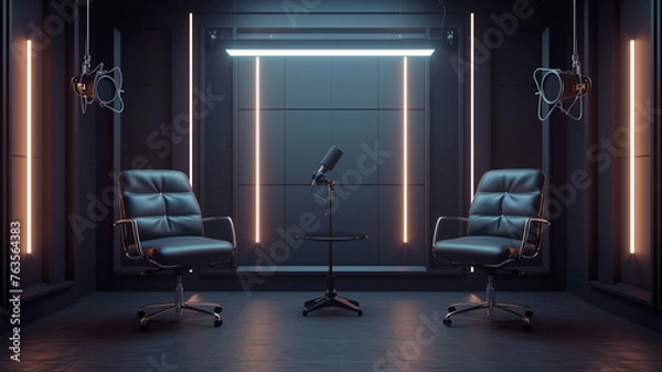 Fototapeta A sleek, modern podcast setup with two metallic silver chairs and professional microphones, set against a dark grey background. 