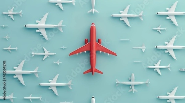 Fototapeta A minimalist style representation of a red airplane changing direction from the white ones, illustrating courage, innovation, and a unique approach