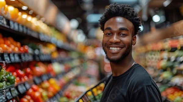 Obraz Young black man buying fruits and vegetables with a shopping cart in the supermarket
