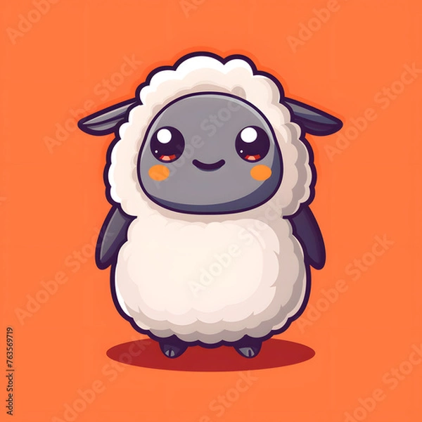 Fototapeta An adorable sheep with fluffy hair and a happy expression standing in a cartoon art style on an orange background. The animated cartoon character has a cute snout and is gesturing with its head