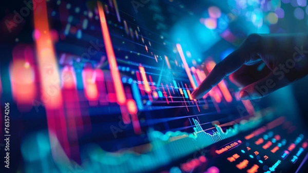 Fototapeta Stock market financial investment and trading graph interface showing ticker price evolution with candlestick chart and moving average curves. Increasing profit. Forex. Person touching virtual screen